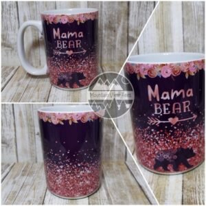 15 oz ceramic Mama Bear coffee mug with pink floral border and glitter design — cute gift for moms, Mother’s Day, or birthdays