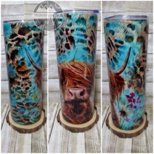 blue highland cow tumbler w/ animal print