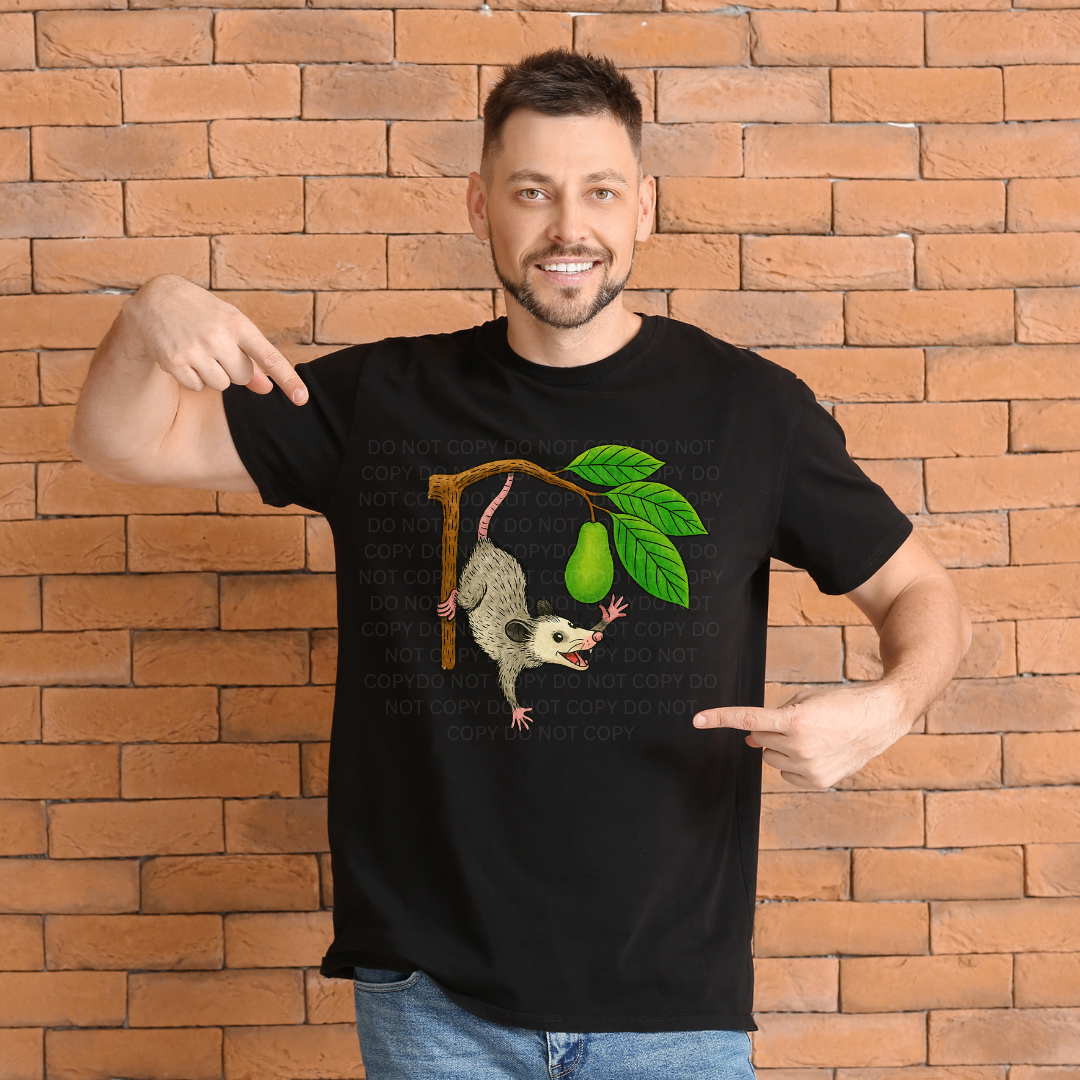 Pawpaw Possum T-Shirt | Unisex WV Nature Tee | Appalachian Fruit Graphic Tee 2 Funny possum graphic T-shirt with colorful tree branch design, perfect for country style, Appalachian humor, and wildlife lovers.