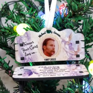 Personalized memorial bench ornament with photo, name, and dates made from MDF wood