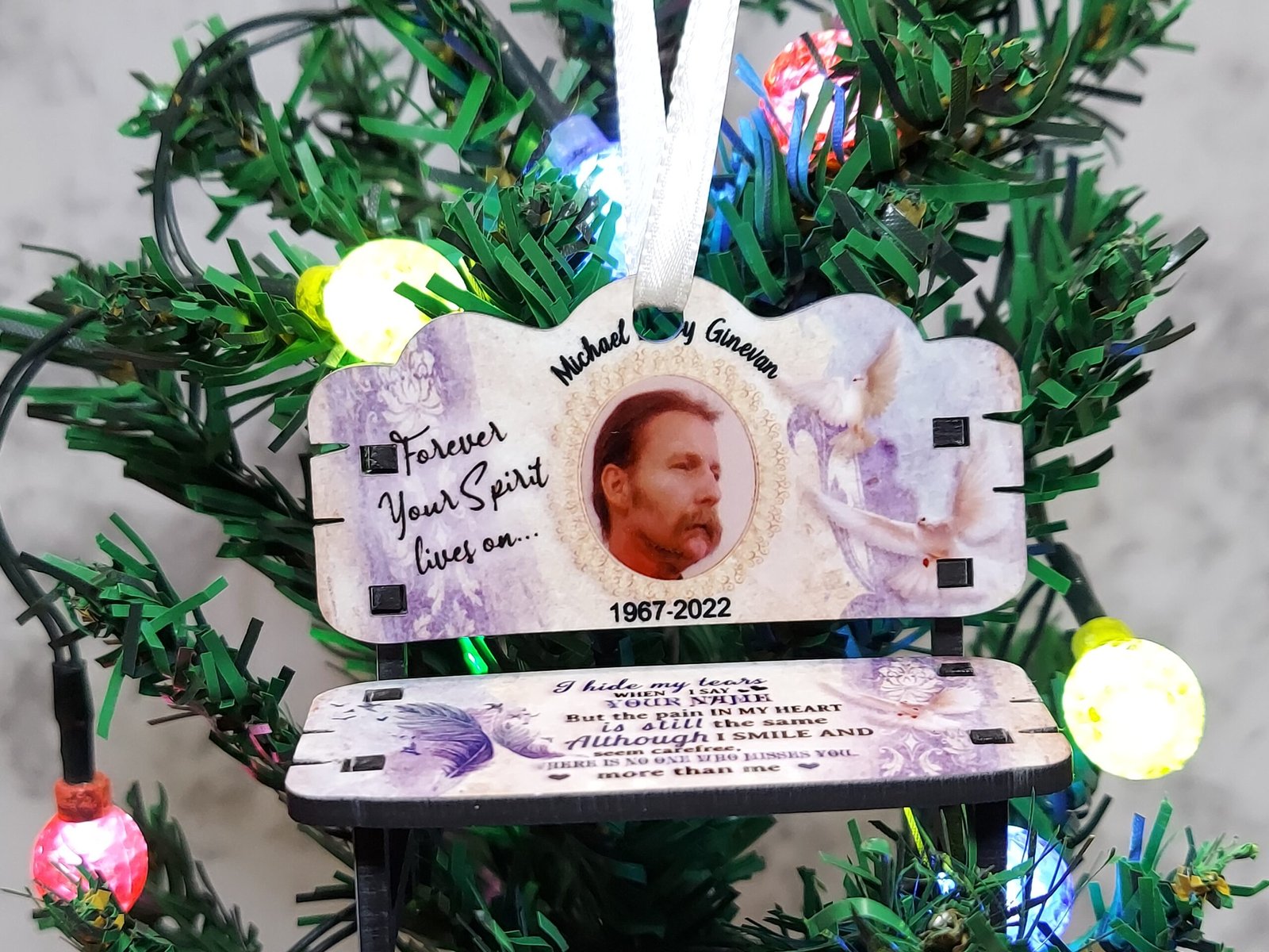 Personalized Memorial Bench Ornament with Photo – Custom Remembrance Christmas Ornament 1 Personalized memorial bench ornament with photo, name, and dates made from MDF wood