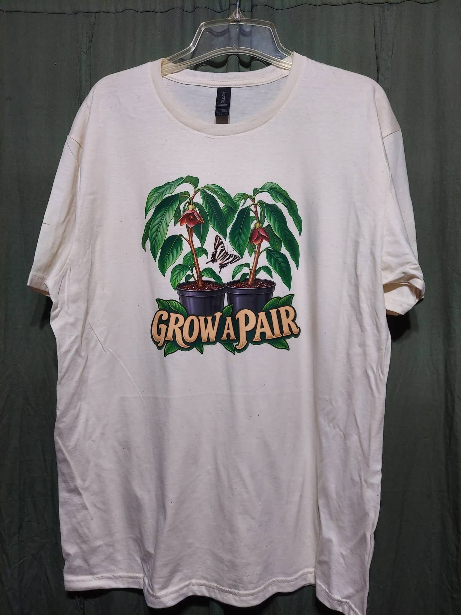 Grow a Pair Shirt for Pawpaw Growers - Pawpaw Fruit Tee 2 Natural-colored t-shirt with two potted pawpaw trees in bloom, a zebra swallowtail butterfly, and the words Grow a Pair