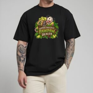 t-shirt with a possum holding a sack of pawpaws above a wooden sign reading "Support Your Local Pawpaw Dealer"
