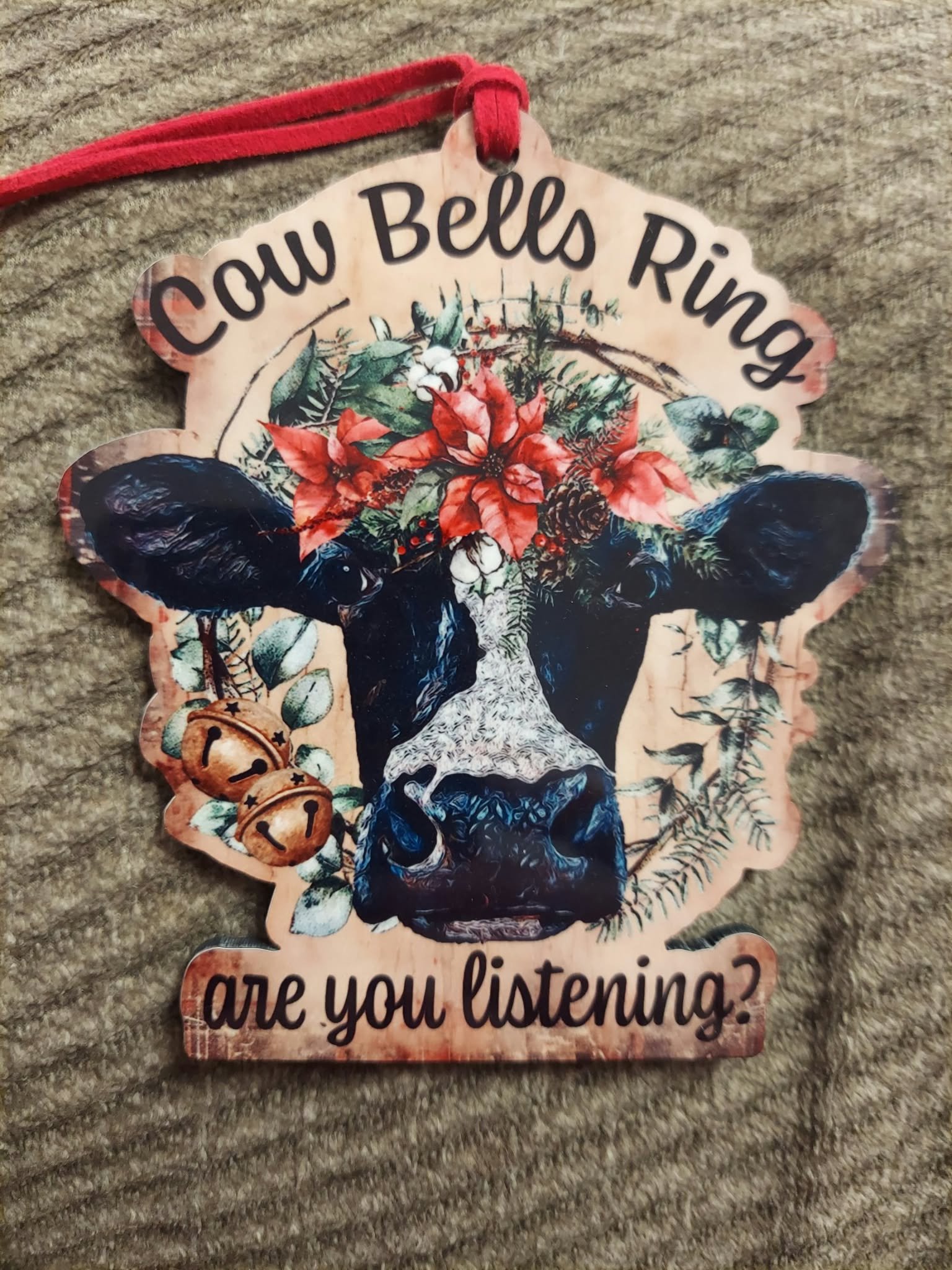 Cow Bells Ring Are You Listening? Handmade MDF Wood Cow Christmas Ornament 2 Cow Bells Ring Are You Listening? Handmade MDF Wood Cow Christmas Ornament - Image 2