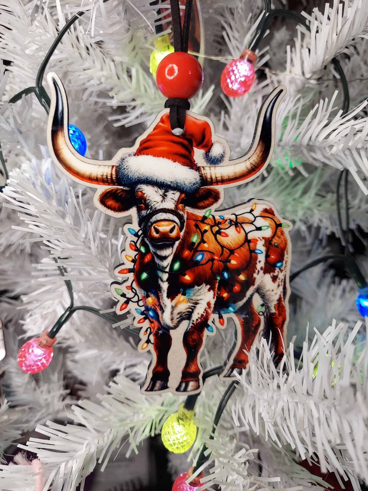 Longhorn Cow Christmas Ornament with Santa Hat – Handmade MDF Wood Holiday Ornament 3 Longhorn Cow Christmas Ornament with Santa Hat – Handmade MDF Wood Holiday Ornament - Image 3