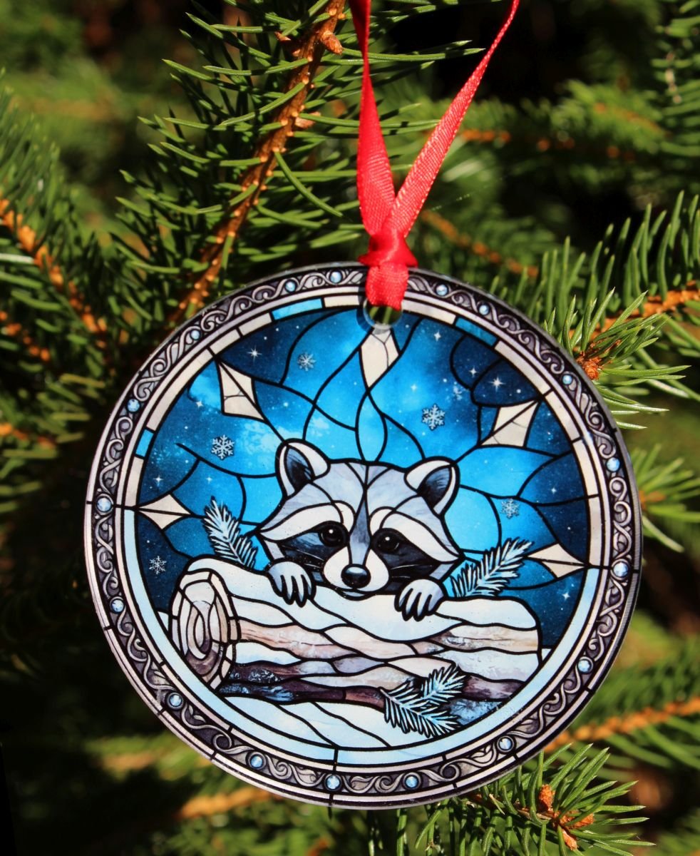 Raccoon Glass Christmas Ornament – Faux Stained Glass Woodland Design 1 Raccoon glass Christmas ornament