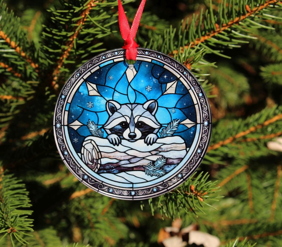 Raccoon Glass Christmas Ornament – Faux Stained Glass Woodland Design 2 Raccoon Glass Christmas Ornament – Faux Stained Glass Woodland Design - Image 2