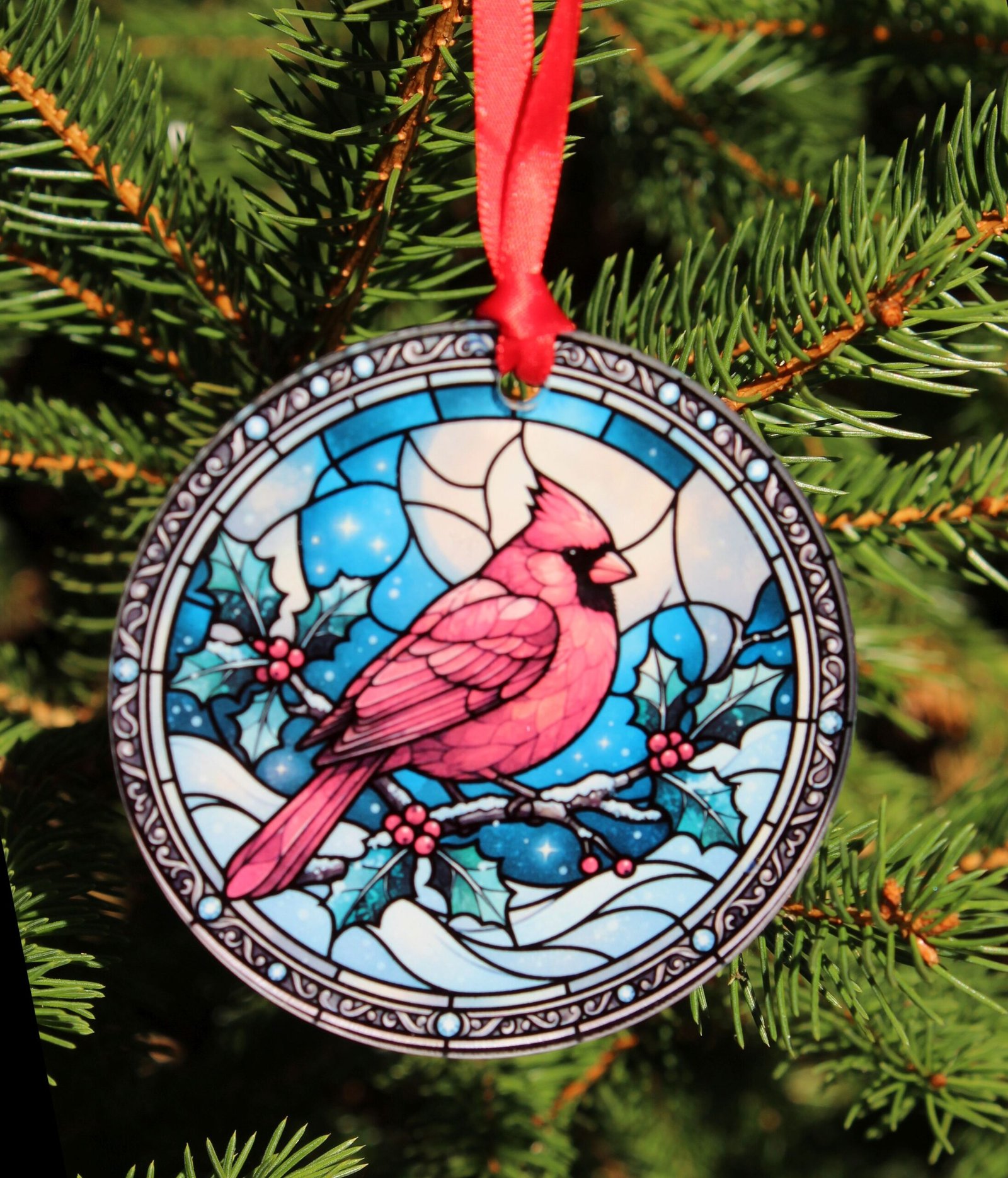 Red Cardinal Glass Christmas Ornament – Faux Stained Glass Design 3 Red Cardinal Glass Christmas Ornament – Faux Stained Glass Design - Image 3